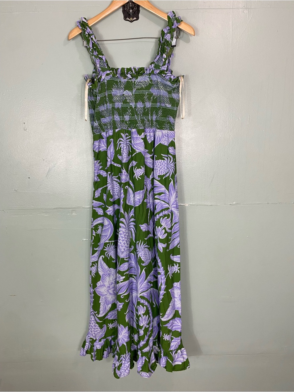 Farm Rio Tropical Swing Smocked Sleeveless Midi Dress Green Purple XL Pineapple - Picture 7 of 8